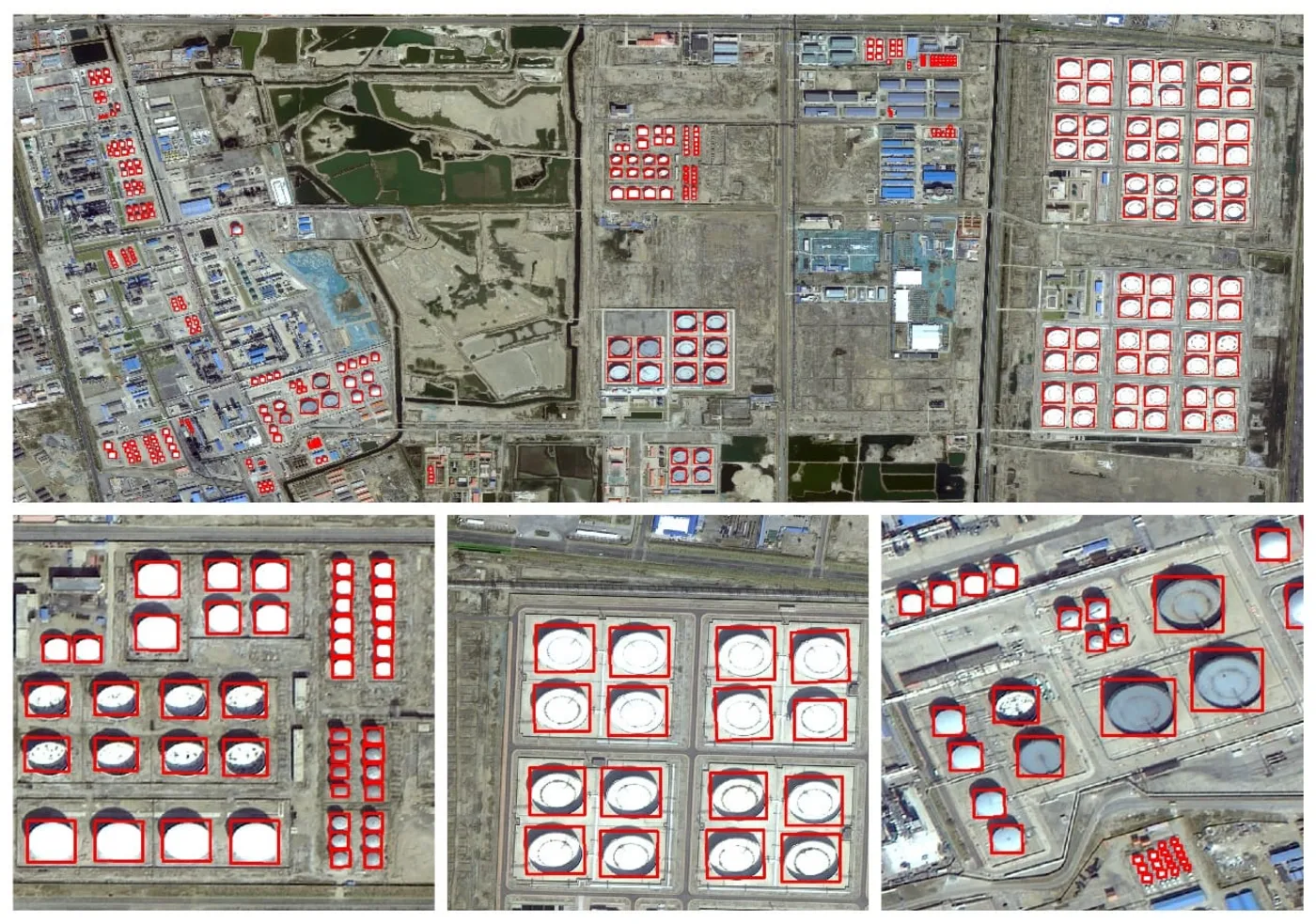 AI-detected floating-roof oil storage tanks across a refinery tank farm, satellite imagery
