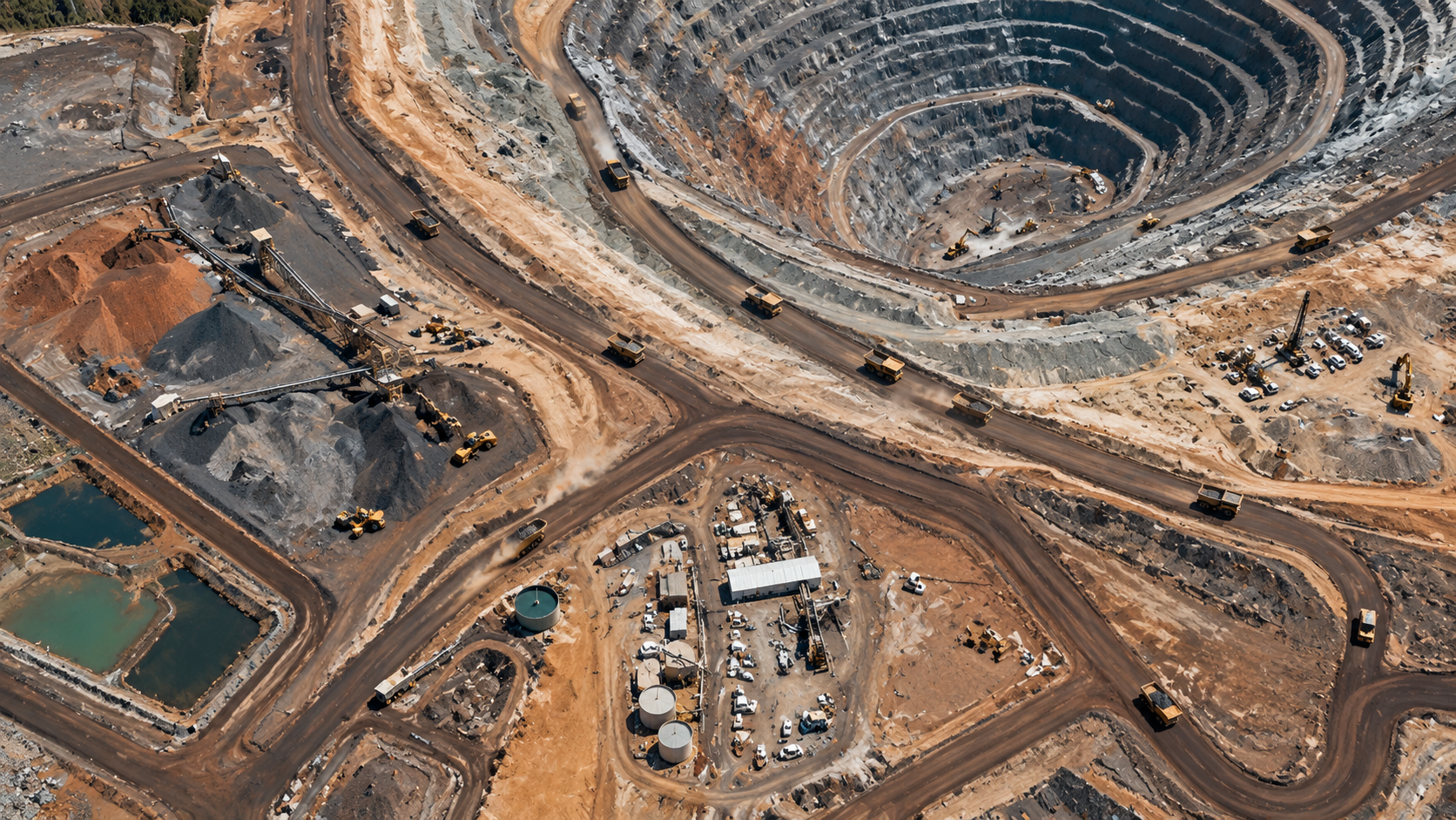 Aerial satellite image of a large open-pit mine showing haul roads, stockpiles, and a tailings pond