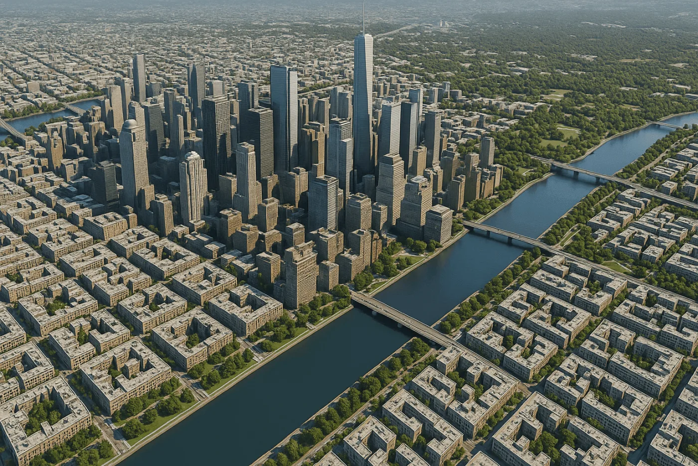 Photorealistic 3D city model with rendered skyscrapers, streets, bridges, and a river, representing a fully textured digital twin built from stereo-derived elevation and building data