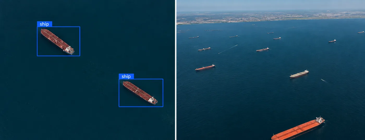 AI-detected oil tankers at a port terminal, satellite imagery alongside an aerial reference photo