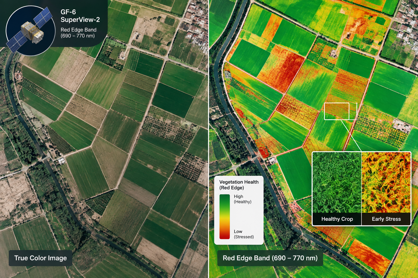 Red edge band satellite imagery comparing true color farmland to a red edge vegetation health map showing healthy crop versus early stress
