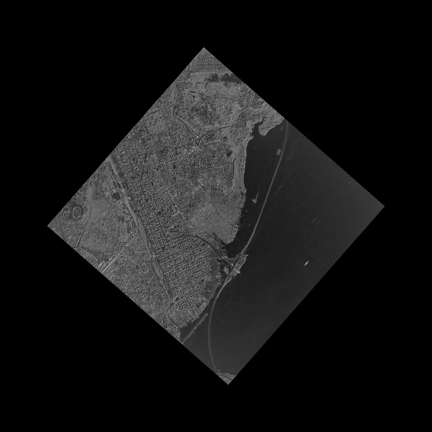 1 meter resolution SAR satellite image of Nigeria showing coastline and urban areas in radar backscatter