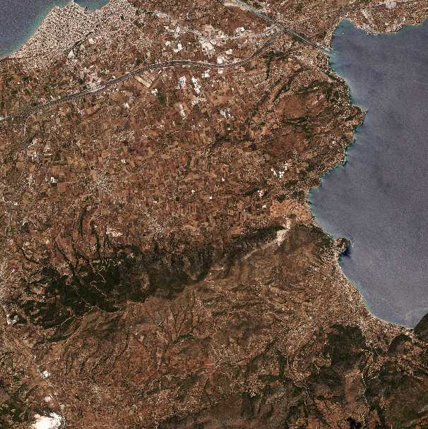 High-resolution satellite image of the Greek coastline and terrain