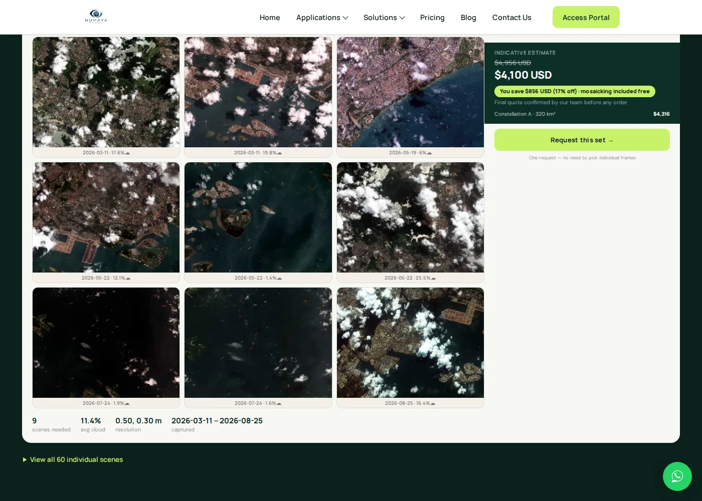 Screenshot of buysatelliteimages.com search results showing nine real satellite image sample thumbnails with capture dates, cloud cover percentages, and an indicative price of 4,100 US dollars