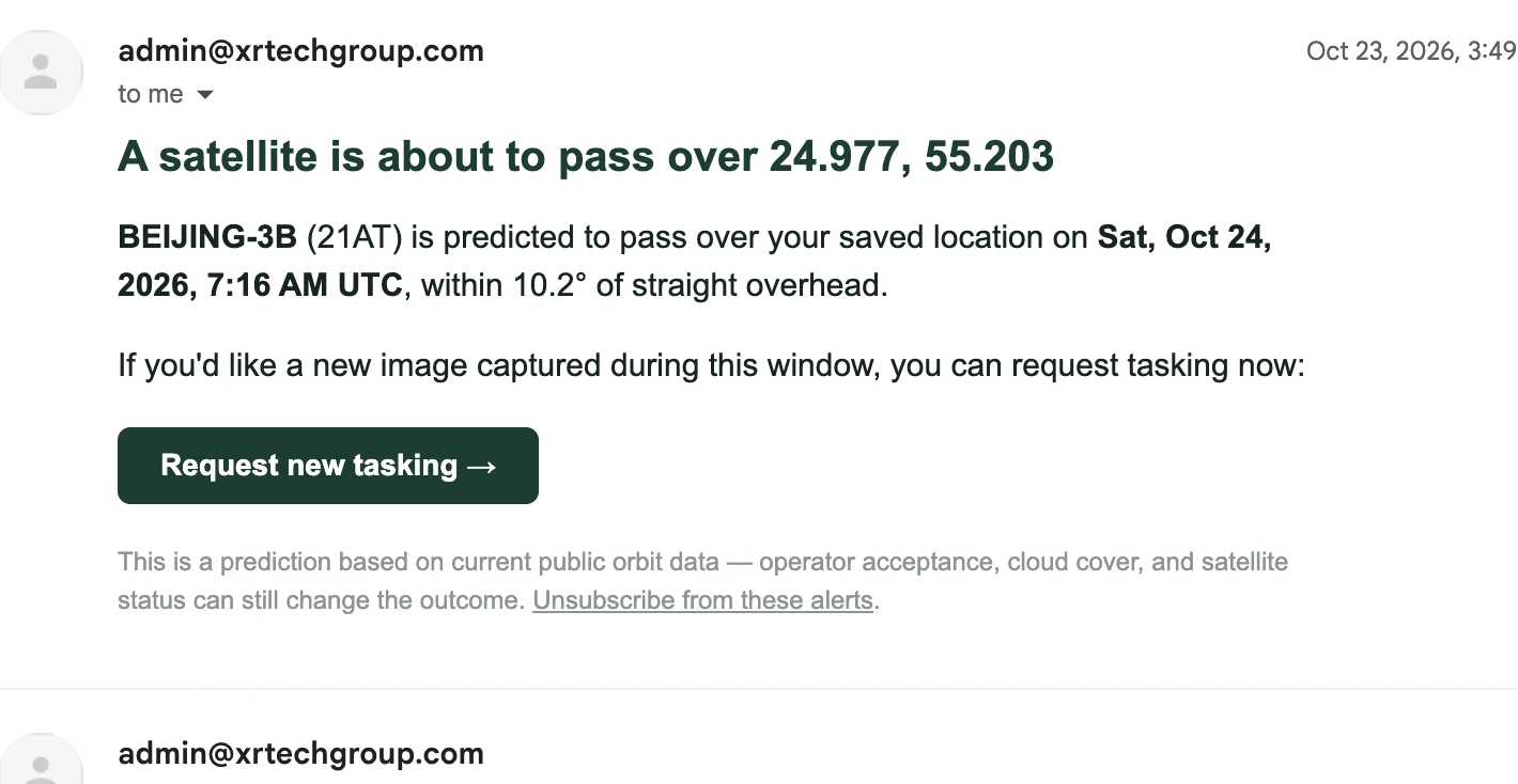 Real free overhead pass notification email showing BEIJING-3B predicted to pass over a saved location, with a button to request new tasking