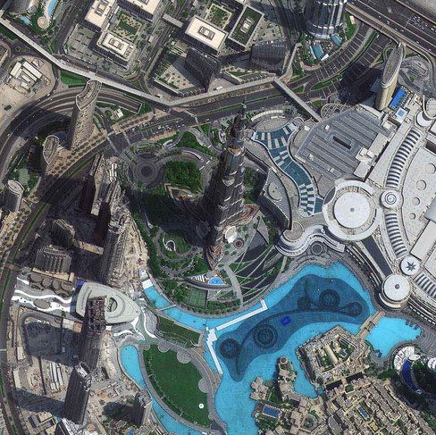 High-resolution satellite image of Burj Khalifa and Downtown Dubai from space