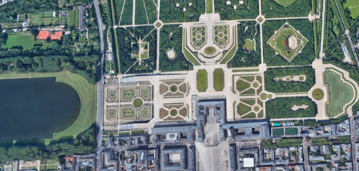 High-resolution satellite image of the Palace of Versailles gardens, France