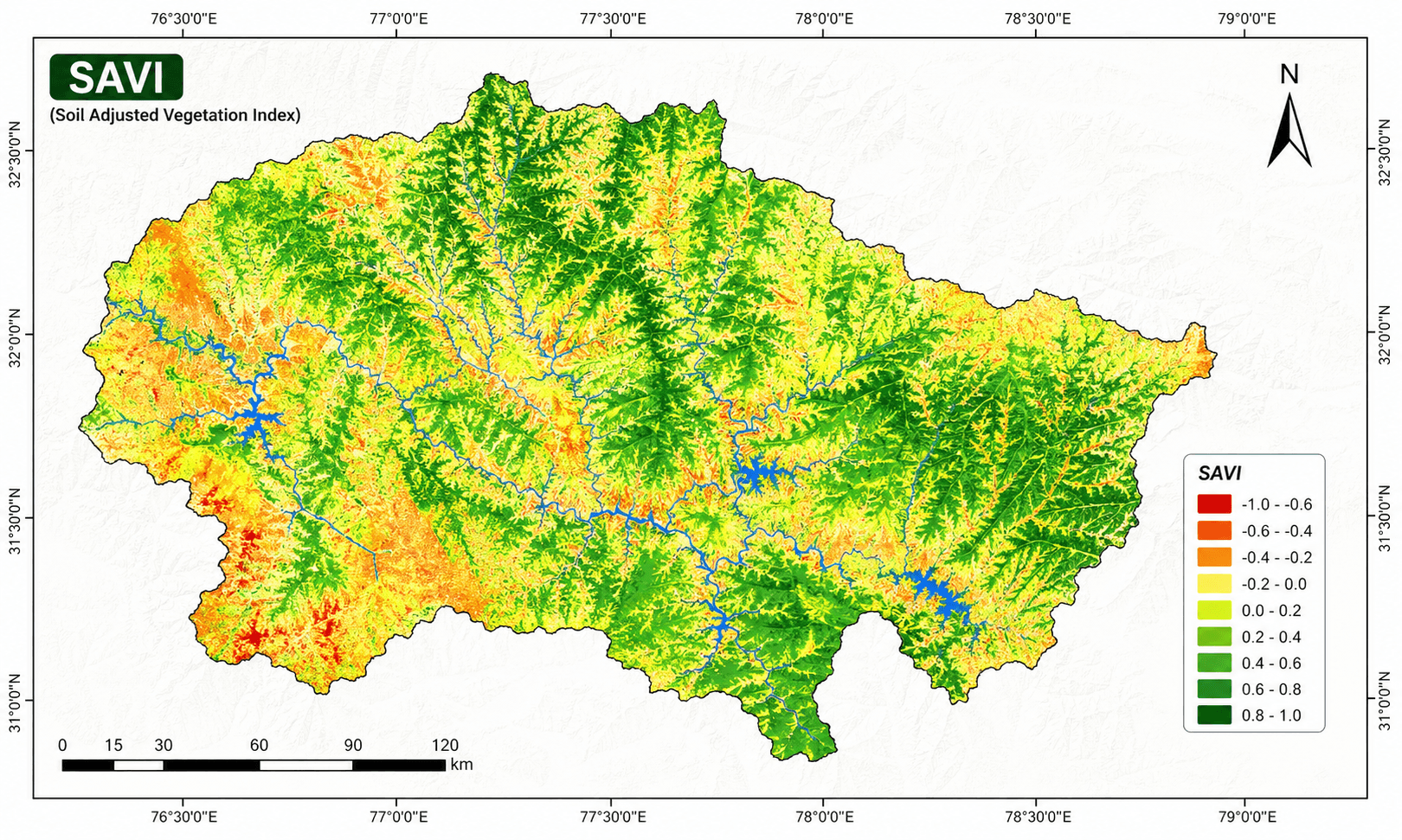 SAVI soil-adjusted vegetation index satellite map showing early-season crop cover over exposed soil