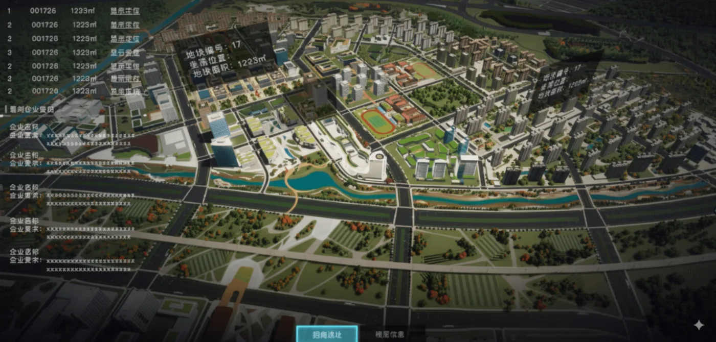 3D digital twin model of a smart city district with live data overlays for individual parcels and buildings