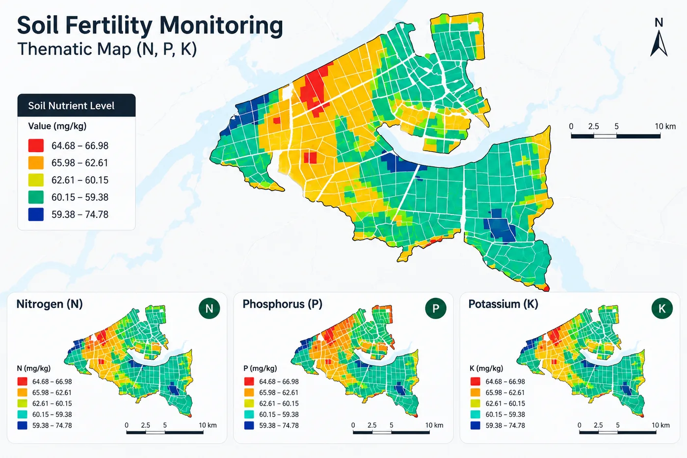 Soil fertility thematic map showing nitrogen, phosphorus, and potassium levels across farmland, derived from satellite and ground sensor data