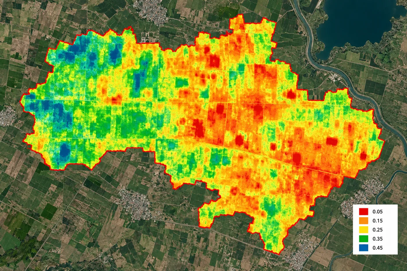 Soil moisture mapping satellite imagery of farmland using shortwave infrared data to show dry, moderate, and saturated zones