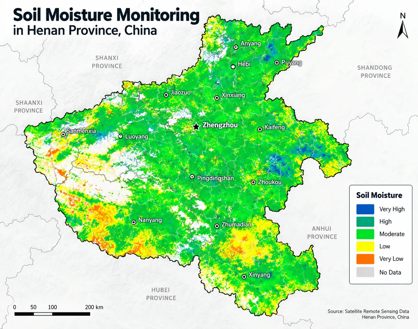 Satellite-derived soil moisture map of Henan Province, China, showing moisture levels from very low to very high across the wheat-growing region