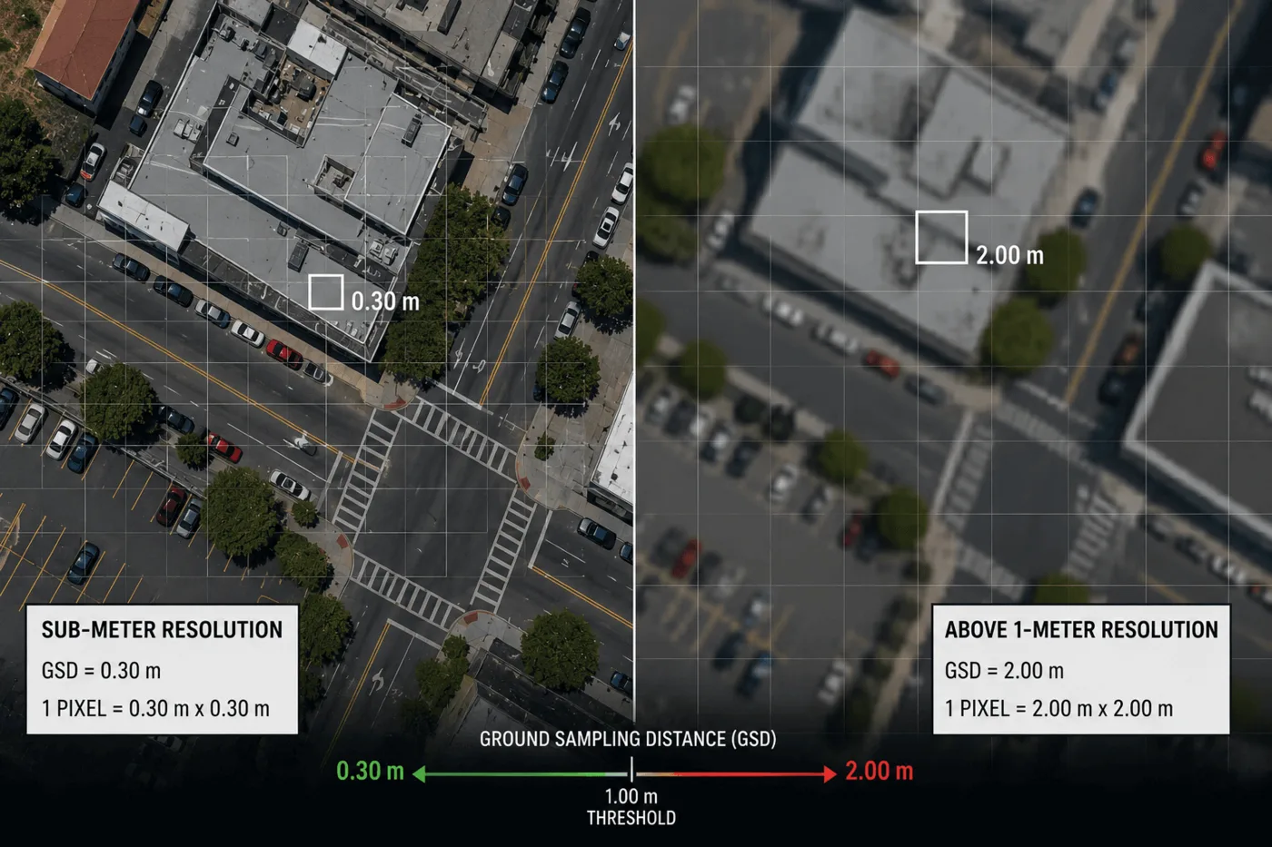 Side-by-side comparison of 0.30 meter sub-meter resolution and 2.00 meter resolution satellite imagery over the same city block