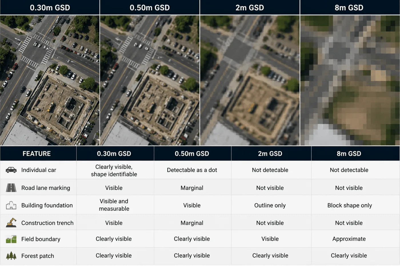 Satellite imagery comparison chart at 0.30m, 0.50m, 2m, and 8m ground sampling distance over a construction site, showing which features are detectable at each resolution