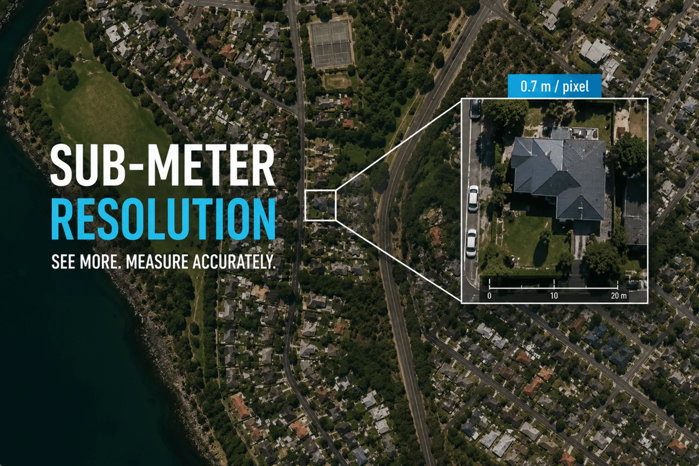 Sub-meter resolution satellite imagery example showing a residential property zoomed to 0.7 meters per pixel with a measurement scale bar