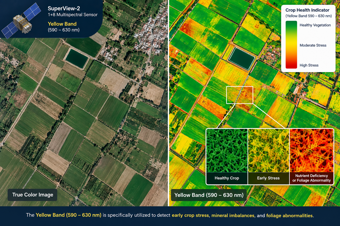 Yellow band satellite imagery comparing true color farmland to a yellow band crop health indicator map showing healthy, stressed, and nutrient-deficient zones