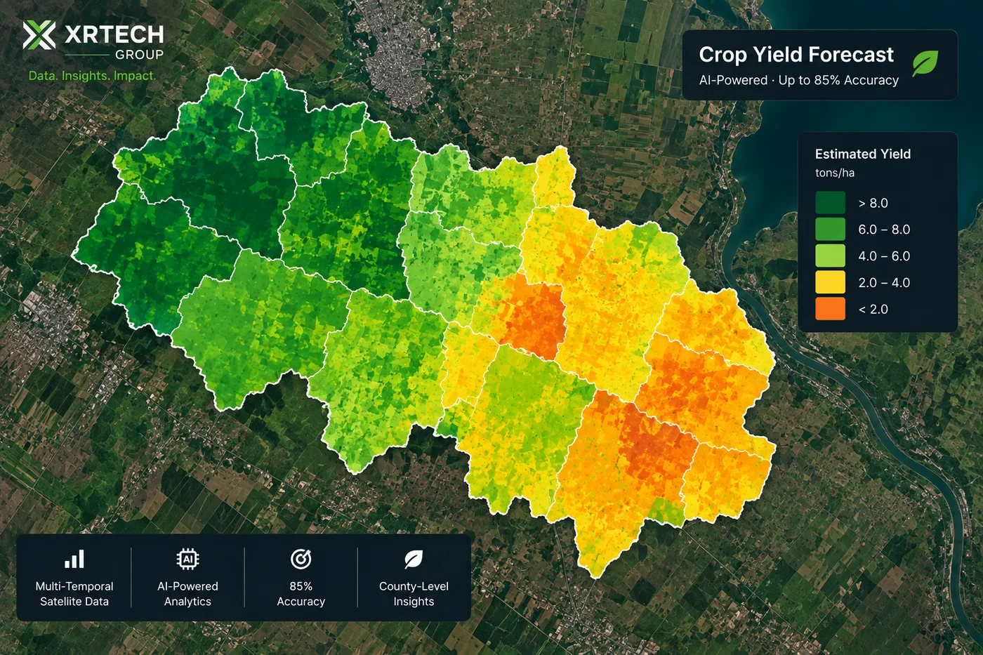 AI powered crop yield forecast map showing estimated yield in tons per hectare across a farming region, color coded from over 8 tons per hectare in green to under 2 in orange